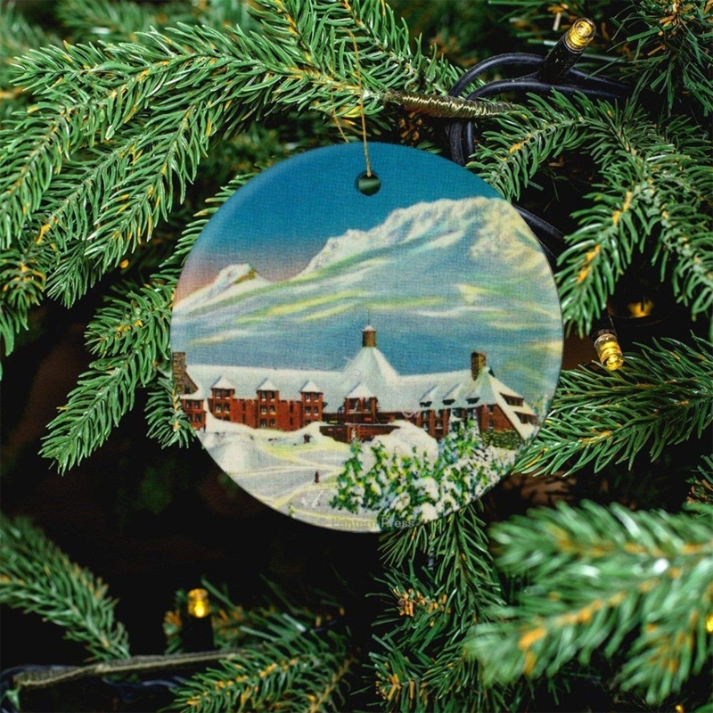 Christmas Ornament: Ceramic-Like Disc, Snowy Mountain Landscape Print
