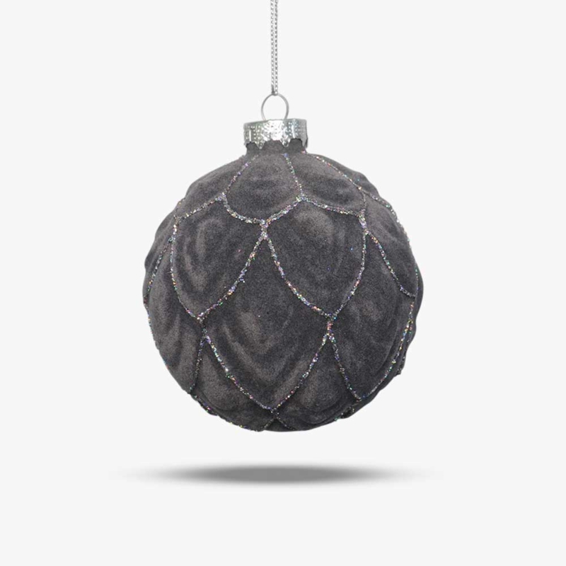 Christmas Ornament: Charcoal Grey Glass with Velvet Glitter Drape Look