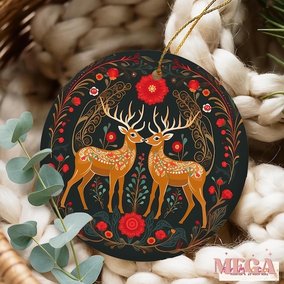 Christmas Ornament: Circular Ceramic Disc, Glossy Folk Art Illustration