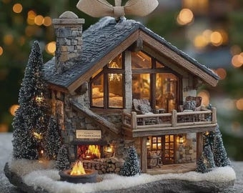 Christmas Ornament: Clear Bauble, Miniature Cabin Diorama, Faux Snow