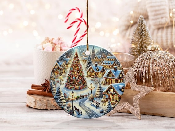 Christmas Ornament Clear Bauble Miniature Snowy Village Scene