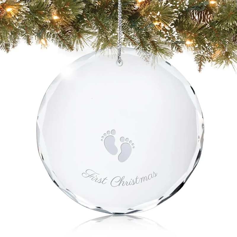 Christmas Ornament Clear Glass Disc Baby Footprint Graphic