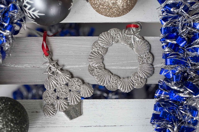 Christmas Ornament Coastal Seashell Motif, Matte Pewter Finish Tree Shape