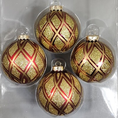 Christmas Ornament Crimson Glass Gold Glitter Snowflake Starburst