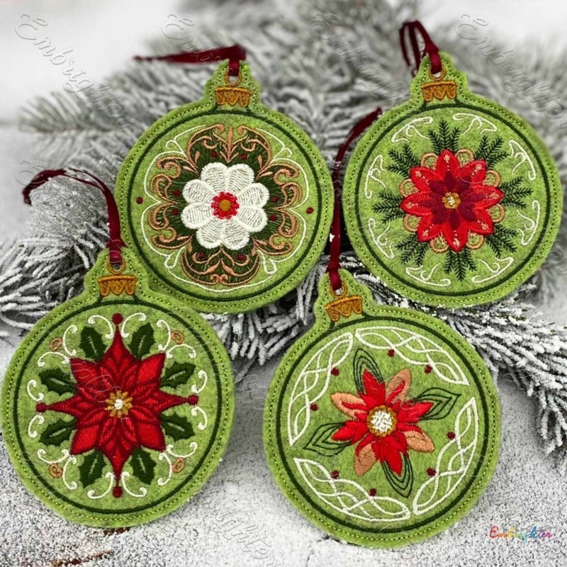 Christmas Ornament: Embroidered Fabric, Botanical Motifs, Scalloped Edges
