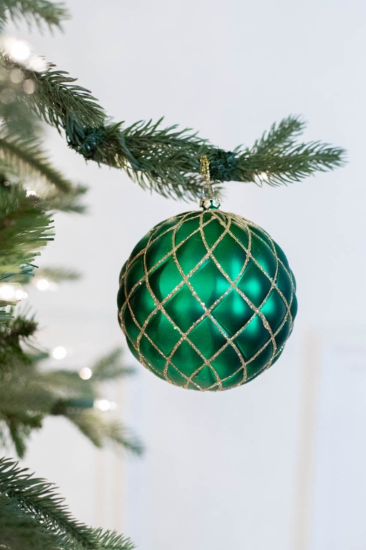 Christmas Ornament: Emerald Green Quilted Ball, Gold Glitter Net Detail