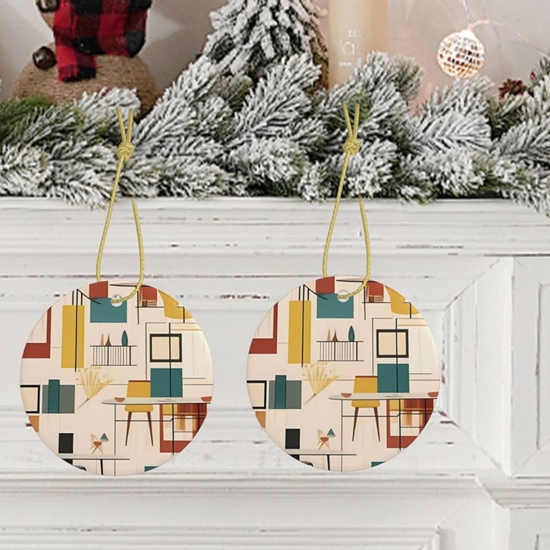 Christmas Ornament Flat Disc Ceramic Retro Geometric Print