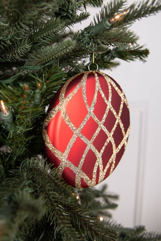 Christmas Ornament Flat Disc Shape Matte Red Gold Glitter