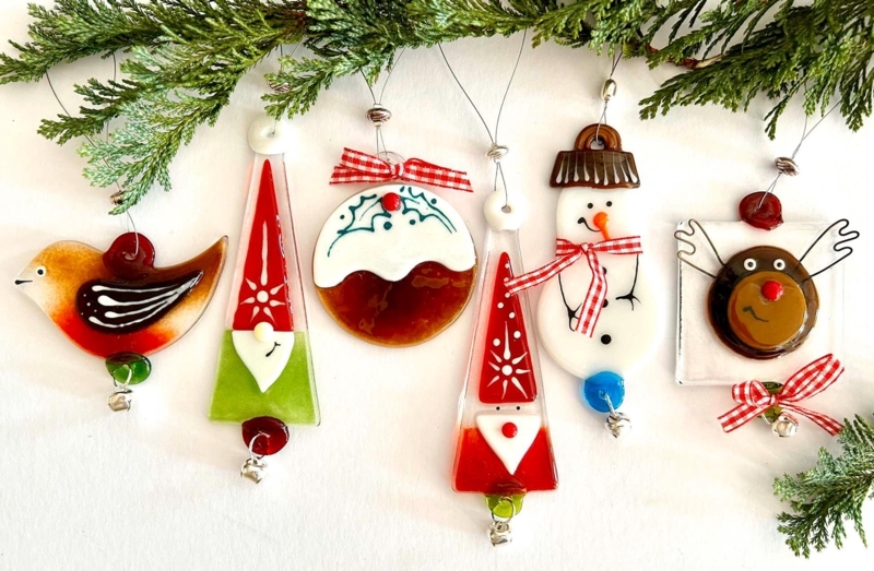 Christmas Ornament Fused Glass Geometric Layers Vibrant Handcrafted Set