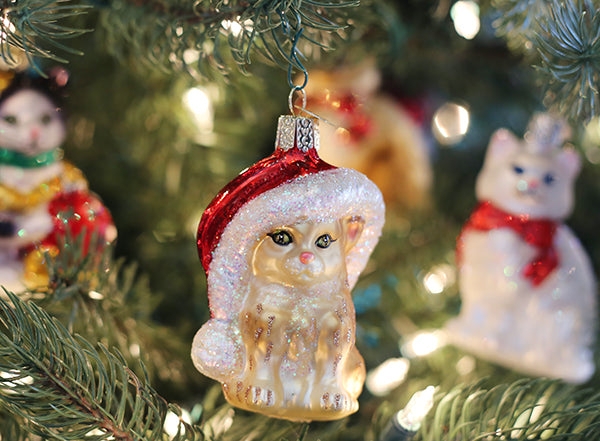 Christmas Ornament: Glittered Glass Kitten Shape with Santa Hat