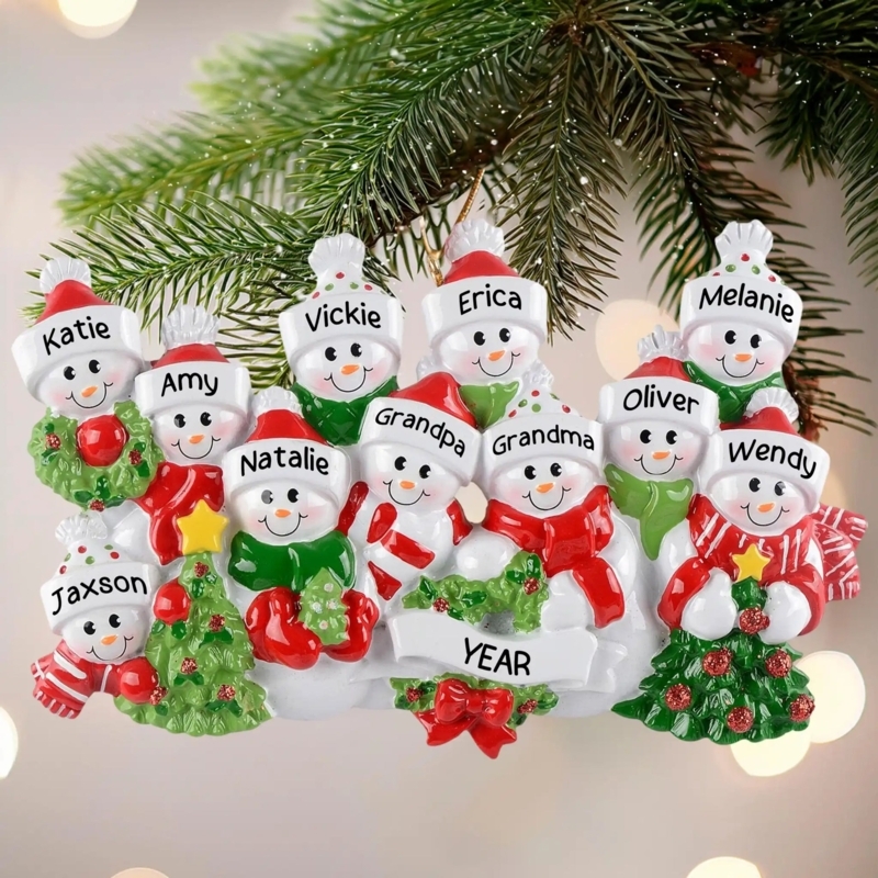 Christmas Ornament: Glossy Personalized Snowman Family with Vibrant Hats.