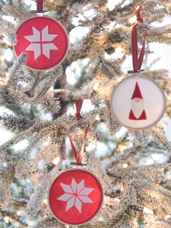 Christmas Ornament: Gray Felt, Embroidered Snowflake, Wood Bead Accents