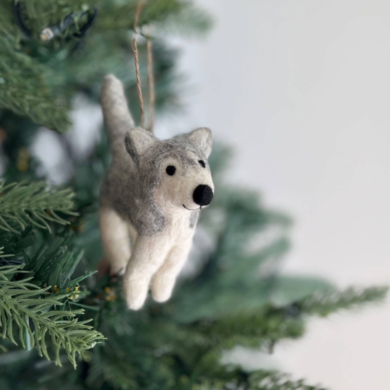 Christmas Ornament: Gray Felt Husky Dog Design with Whimsical Scarf