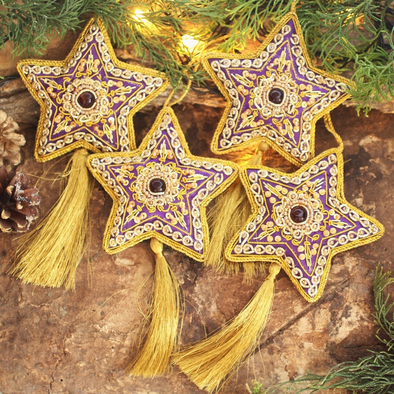 Christmas Ornament Hand-Applied Beadwork Royal Purple Textile Jewel Decor