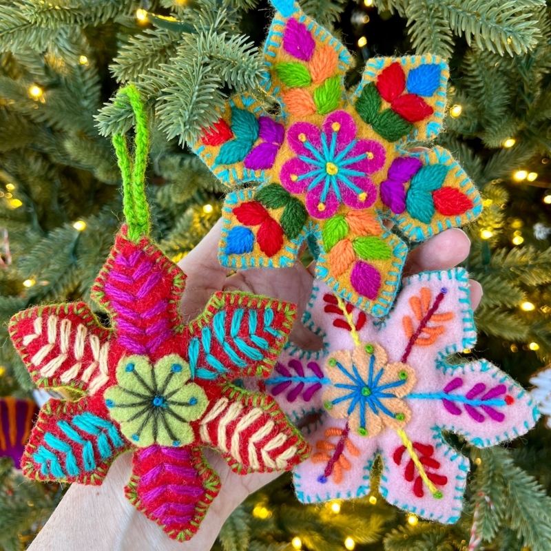 Christmas Ornament Hand Embroidered Wool Felt Snowflake Motif Boho