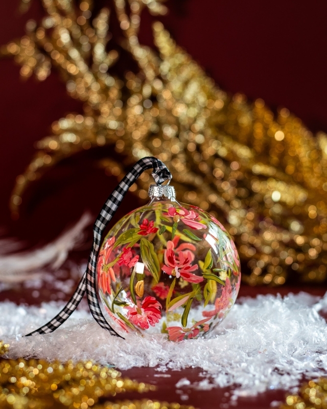 Christmas Ornament: Hand Painted Floral Vines, Cream Glass, Botanical Holiday