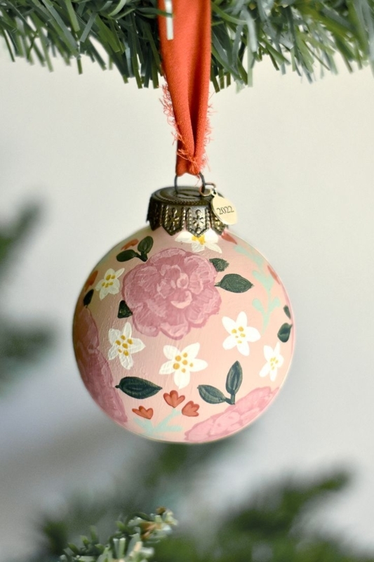 Christmas Ornament: Hand Painted Florals, Mauve Velvet Ribbon, Shabby Chic