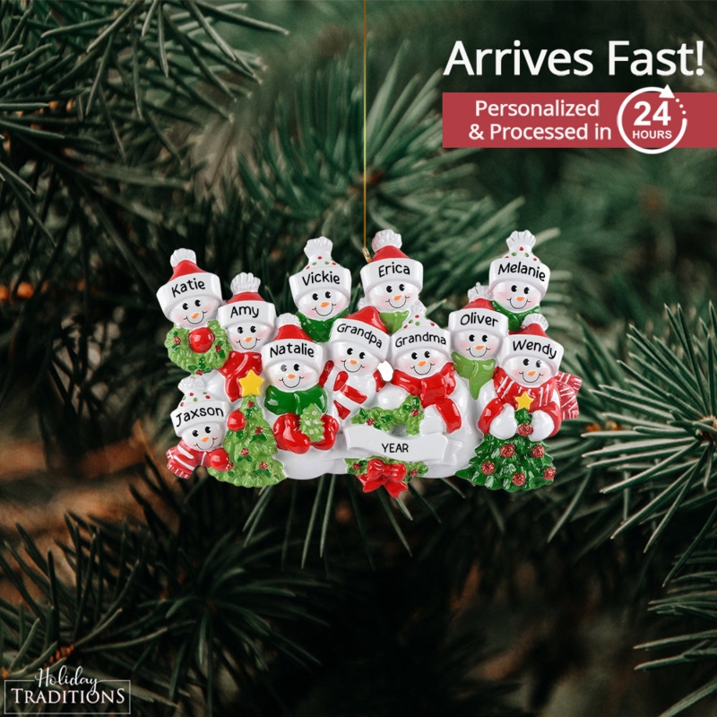 Christmas Ornament: Hand-Painted Snowman Family Pyramid Stack Layout.