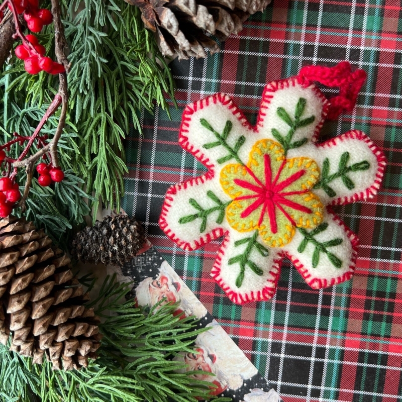 Christmas Ornament Handmade Cream Wool Red Embroidered Pattern Rustic