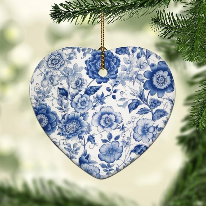 Christmas Ornament: Heart Shaped Ceramic, Chinoiserie Blue and White Decor