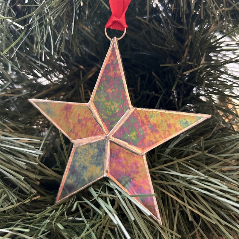 Christmas Ornament Iridescent Stained Glass Gold Frame Sentimental