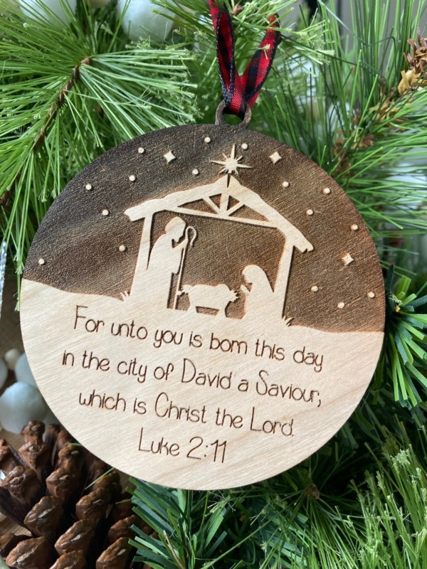 Christmas Ornament: Laser Engraved Wood Nativity Scene with Scripture.