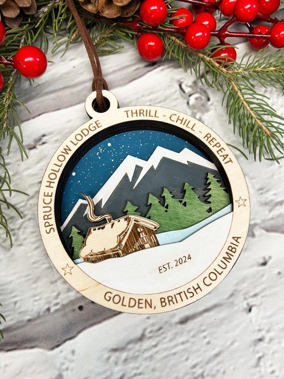 Christmas Ornament Layered Wood: Laser-Cut Cabin & Pine Tree Scene