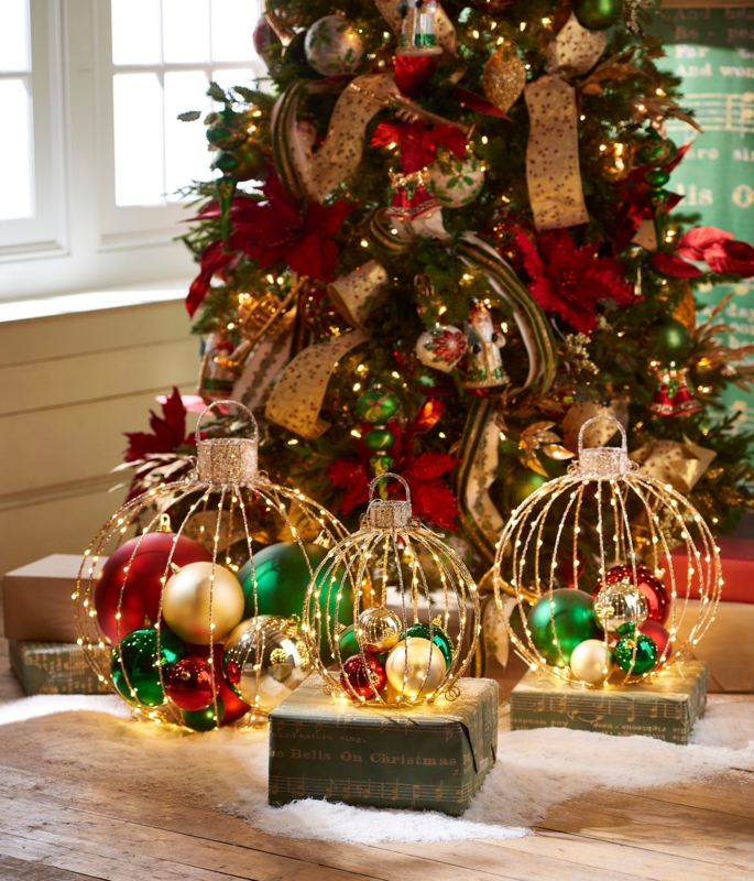 Christmas Ornament: Lighted metal frame wire spheres, oversized.