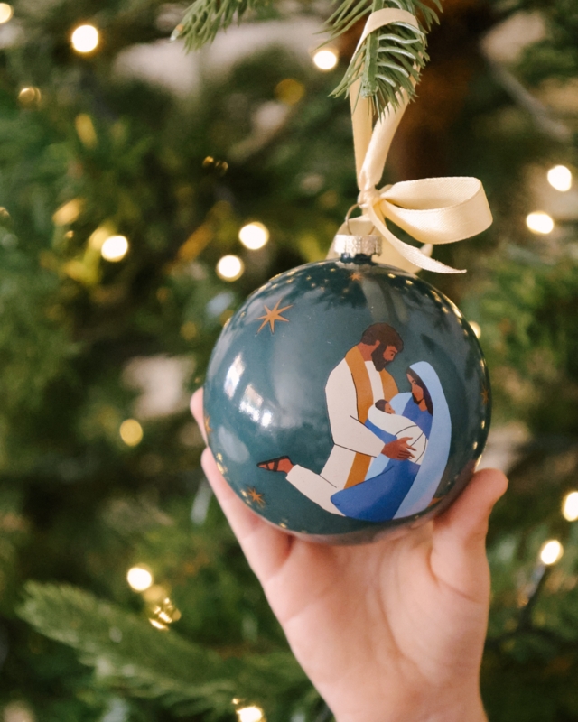 Christmas Ornament: Matte Ivory Ball with Blue Script Calligraphy