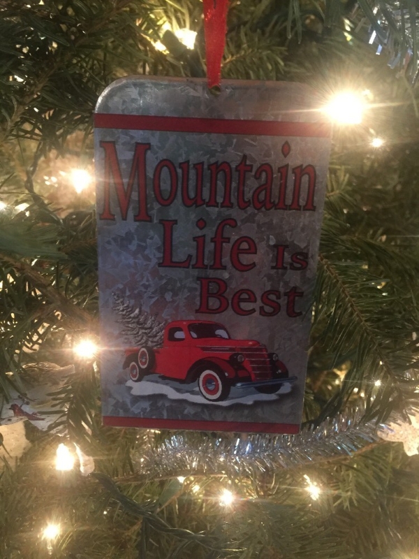 Christmas Ornament: Metal Mountain Silhouette, Wood-Toned Panel, Jute
