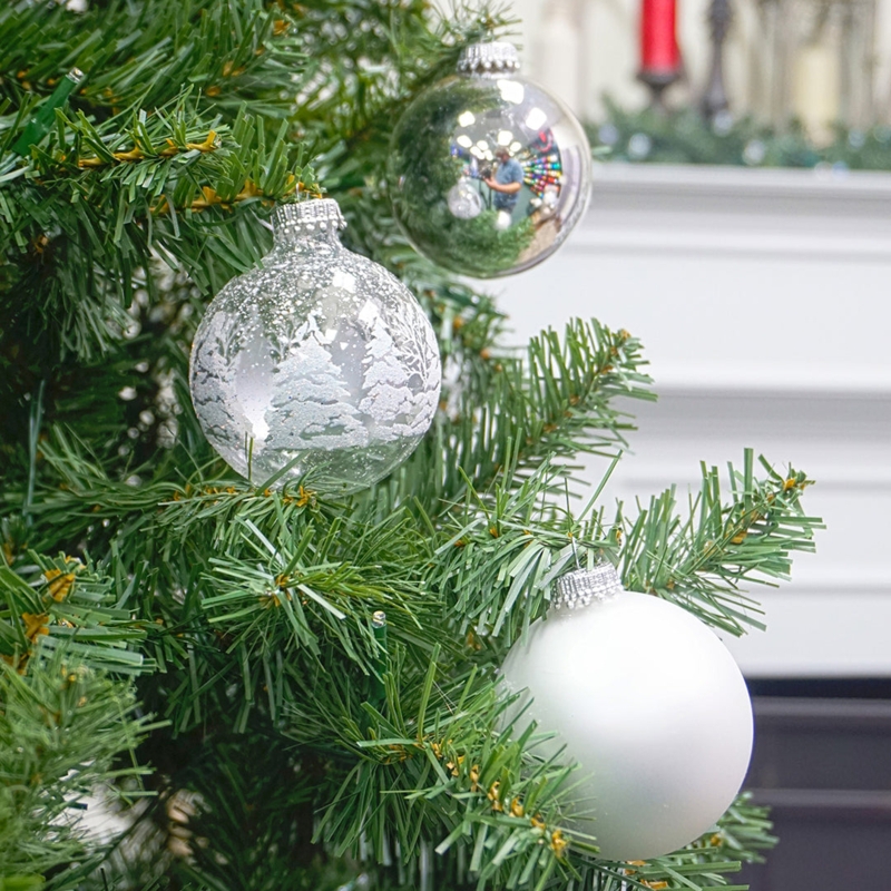 Christmas Ornament: Metallic Silver Glass Ball with Pine Tree Motif