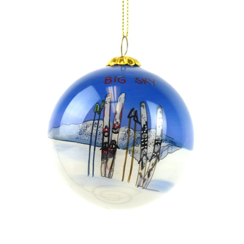 Christmas Ornament: Miniature Skis & Poles, Glittering Snow Base