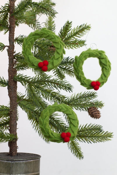 Christmas Ornament Miniature Wreath, Swirl Hook & Red Berries Handmade