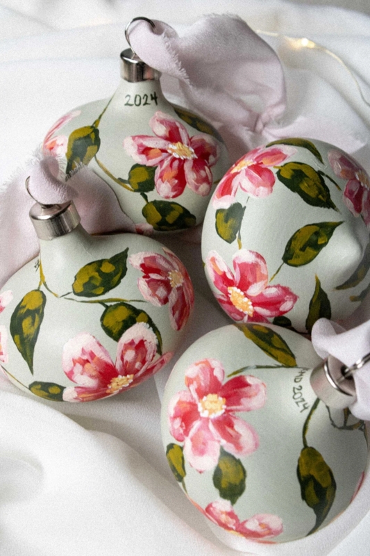 Christmas Ornament: Misty Green Ceramic, Retro Aesthetic, Hand Painted Floral