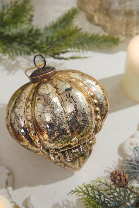 Christmas Ornament: Onion silhouette, antique gold mercury glass, beaded.