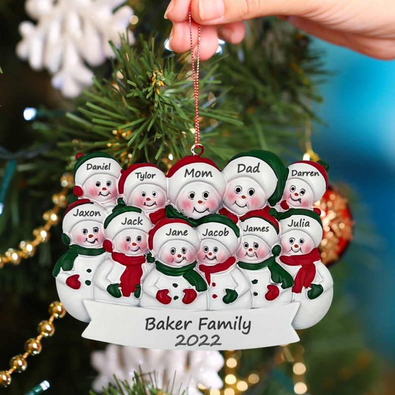 Christmas Ornament: Personalized Banner, Snowman Family with Striped Scarves.