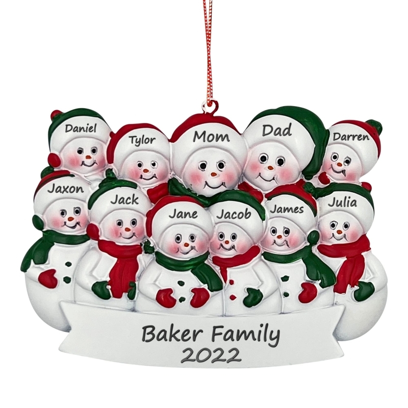 Christmas Ornament: Personalized Snowman Family of 11, Wood Background.