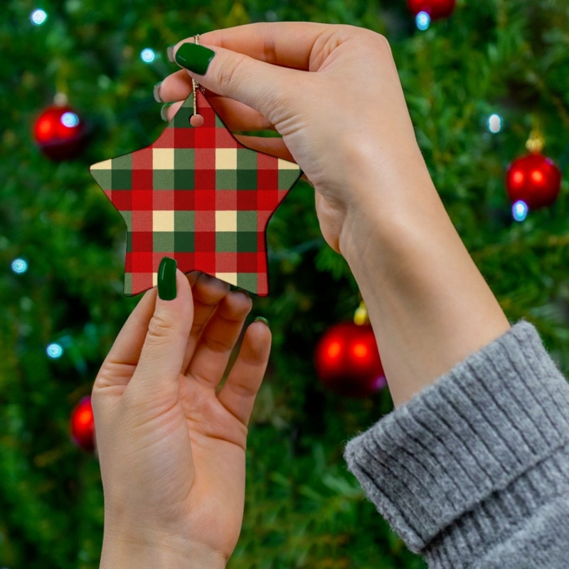 Christmas Ornament Plaid Fabric Heart Star Shapes Pinecone Cozy Set