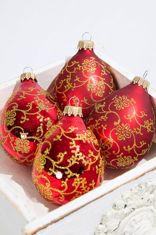 Christmas Ornament: Red Velvet, Gold Glitter Floral, Drop Shape, Luxurious