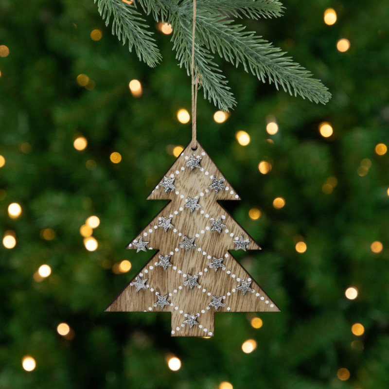 Christmas Ornament Rustic Wood Silver distressed Twine Hanger Farmhouse