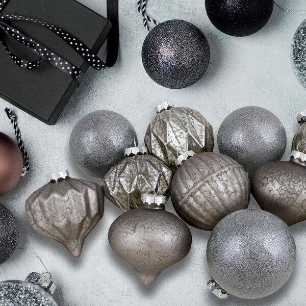 Christmas Ornament Set: Assorted Shapes with Finials and Glitter Finishes