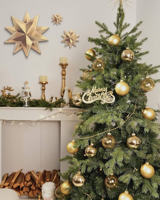Christmas Ornament Set: Gold glass with frosted patterns and mixed textures.