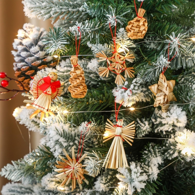 Christmas Ornament Set: Hand Woven Straw, Red Ribbon Ties, Nordic Style
