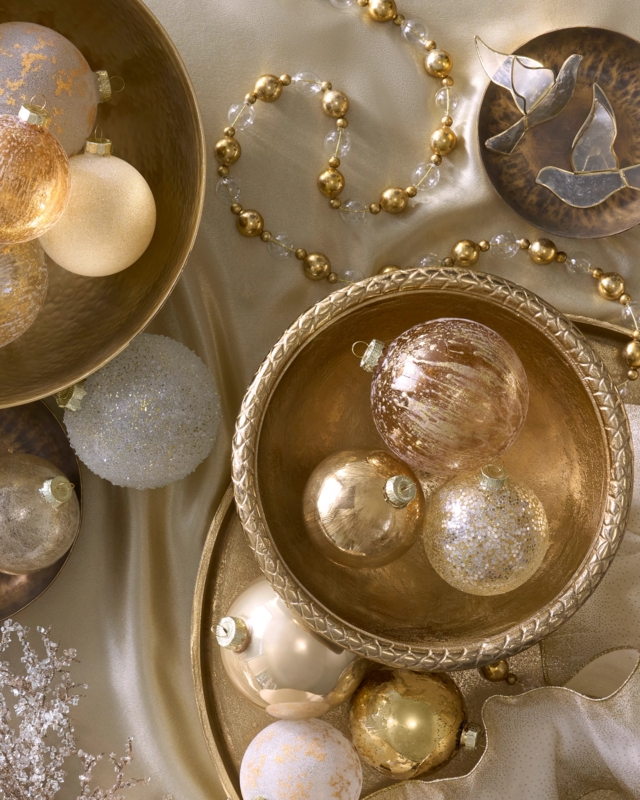 Christmas Ornament Set: Mercury glass in mixed metallic tones and shapes.