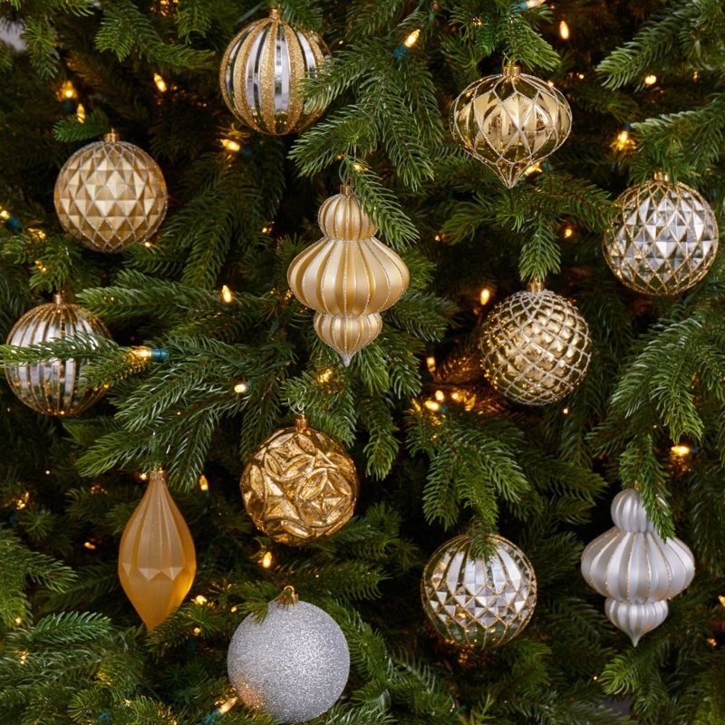 Christmas Ornament Set: Mixed Finishes, Finial Shapes, Metallic Palette