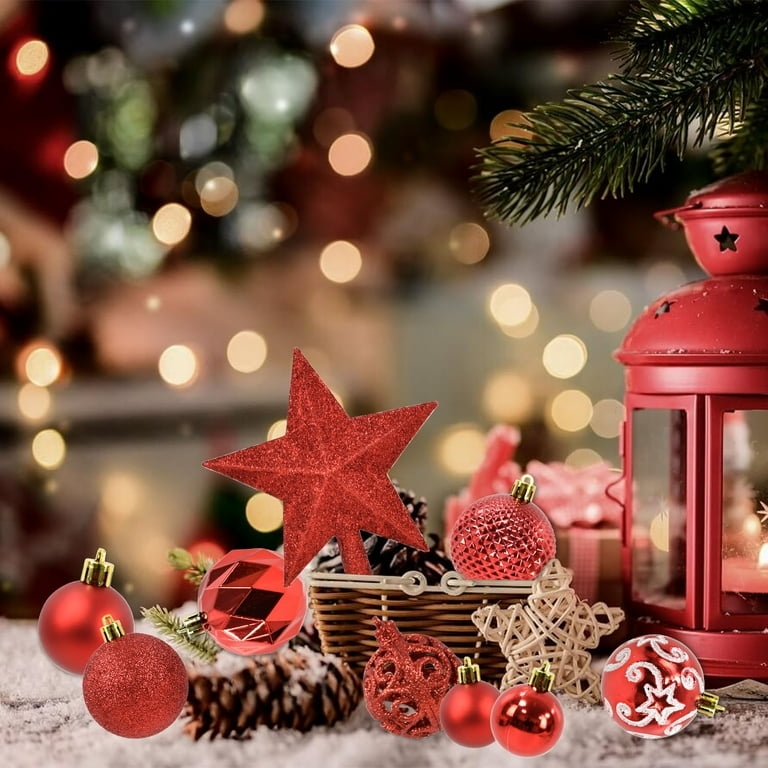 Christmas Ornament Set Monochromatic Red Star Tree Topper Multi Finish