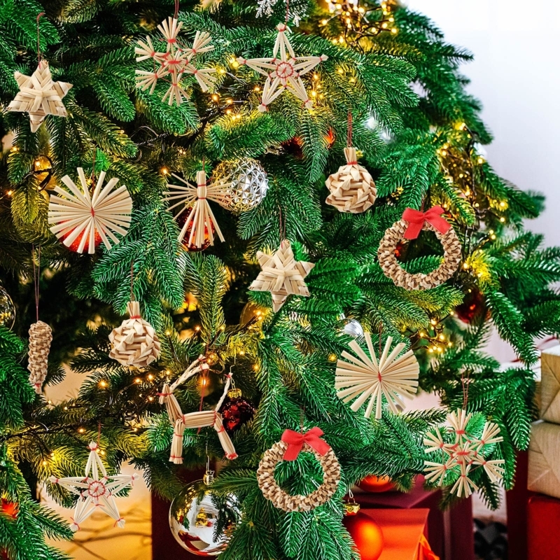 Christmas Ornament Set: Natural Wheat Straw, Woven Details, Wooden Box
