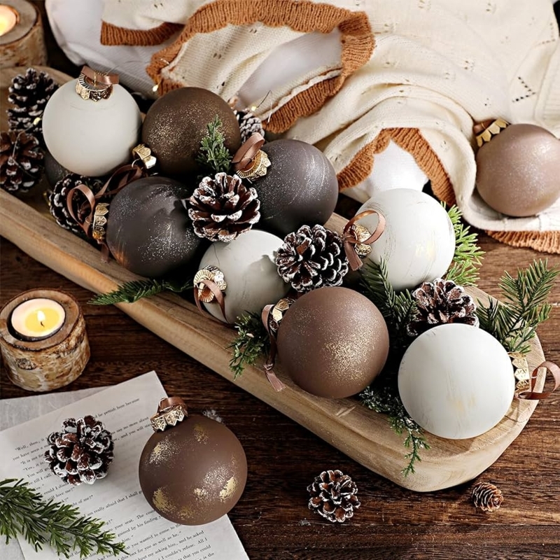 Christmas Ornament Set Neutral Earth Tone Mixed Textures Velvet Flocked