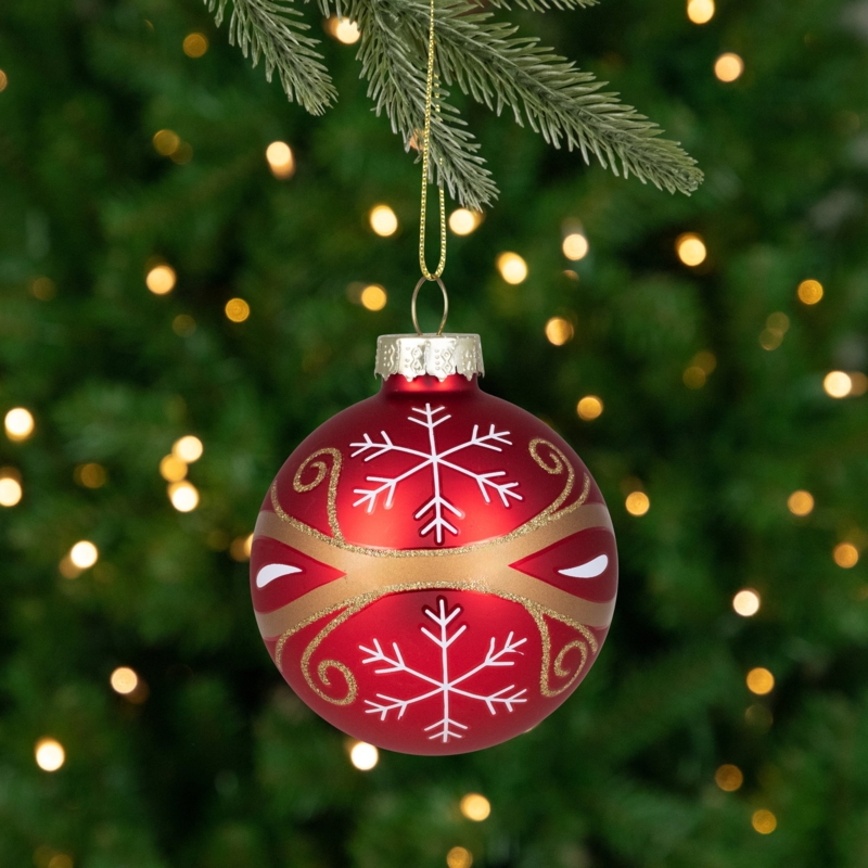 Christmas Ornament Set Red Glass Glitter Snowflakes Gold Caps