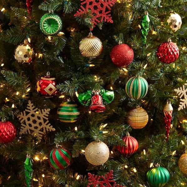 Christmas Ornament Set Shatterproof Mixed Shapes Red Gold Glitter